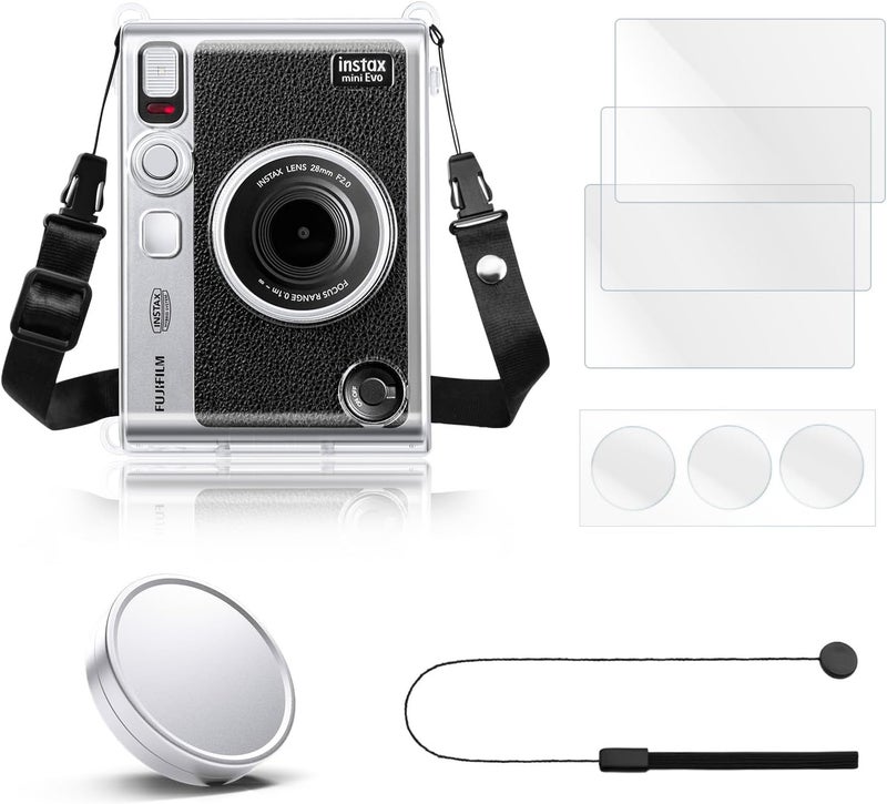 Rieibi Accessories for Fujifilm Instax Mini Evo Instant Camera Bundle Includes Clear Case, Lens Cap with Anti-Loss String & Screen Protector - Image 1